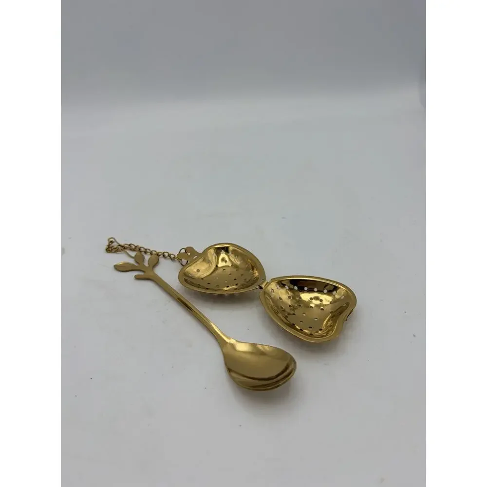 Heart Shaped Tea Infuser With Leaf Handle Spoon, Gold, New